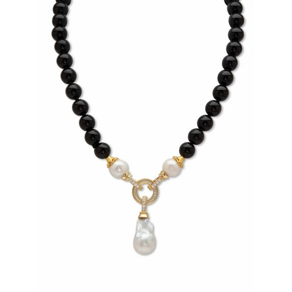 PalmBeach Jewelry Genuine Green Jade Black Agate or Blue Amazonite & Removable Keshi Pearl Drop Necklace With CZ Accents (1.72 TCW) Gold-Plated 20" Length
