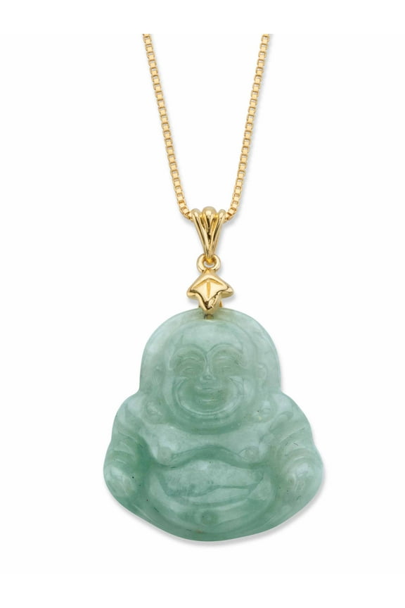 Genuine Green Jade Buddha Pendant Necklace in 18k Gold-plated Sterling Silver 18"