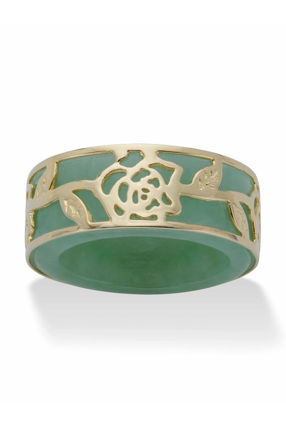 Genuine Green Jade Floral Overlay Ring Band in Gold-plated Sterling Silver