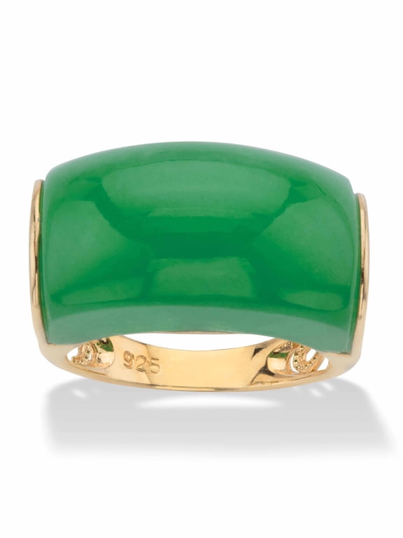 Genuine Green Jade Lucky Symbols Dome Ring in 14k Gold-plated Sterling Silver