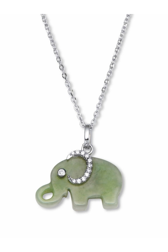 Genuine Green Jade Silvertone Cubic Zirconia Elephant Pendant Necklace, 18 inch Chain