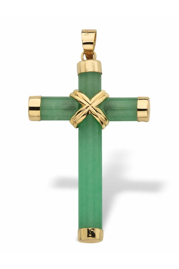 Genuine Green Jade and 10k Yellow Gold Cross Pendant 1 1/2"