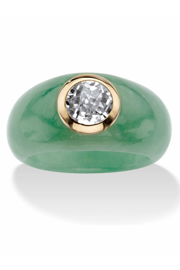 Genuine Green Jade and White Topaz Accent Ring 1.55 TCW in Solid 10k Yellow Gold