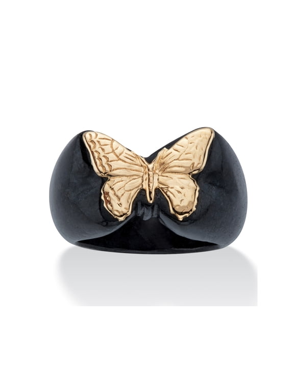 Genuine Green or Black Jade Yellow Gold Butterfly Ring