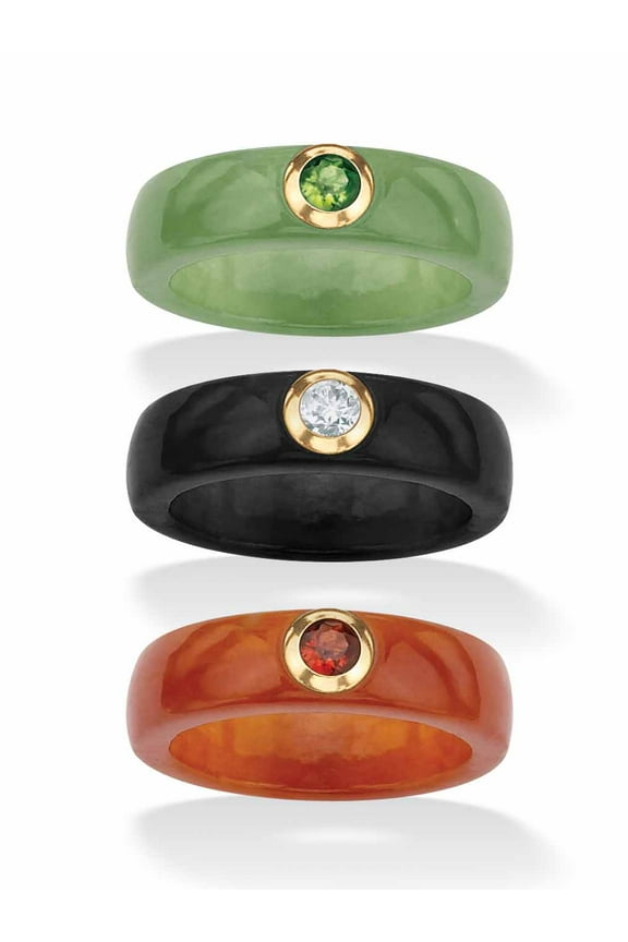Genuine Jade and Peridot, Garnet and White Topaz 3-Piece Ring Set in 10k Yellow Gold