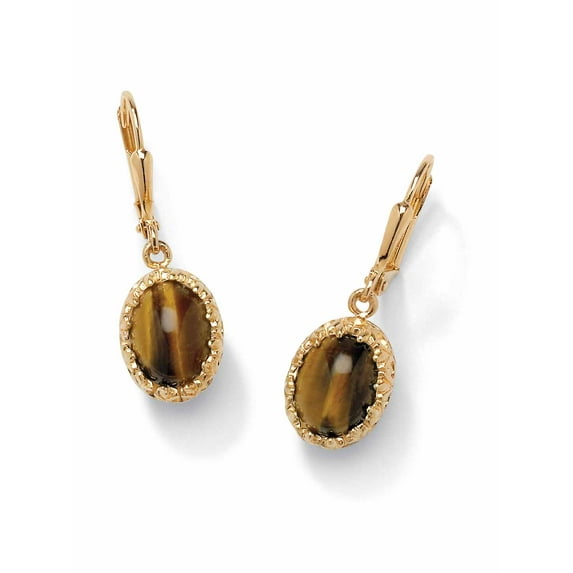 PalmBeach Jewelry Genuine Oval Tiger's Eye Cabochon Drop Earrings Yellow Gold-Plated