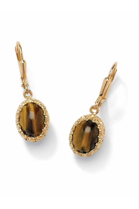 Genuine Oval Tiger's Eye Cabochon Drop Earrings Yellow Gold-Plated