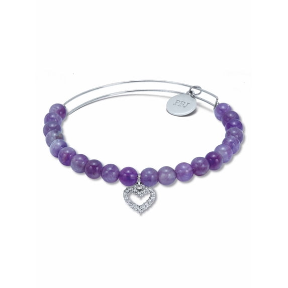 PalmBeach Jewelry Genuine Purple Amethyst Silvertone Heart Charm Bangle, 7.5 Inches