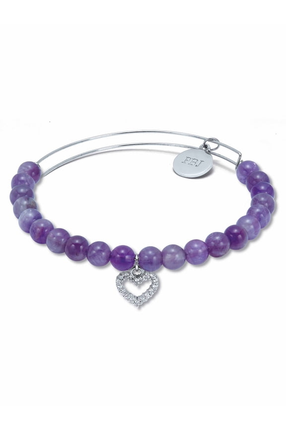 Genuine Purple Amethyst Silvertone Heart Charm Bangle, 7.5 Inches