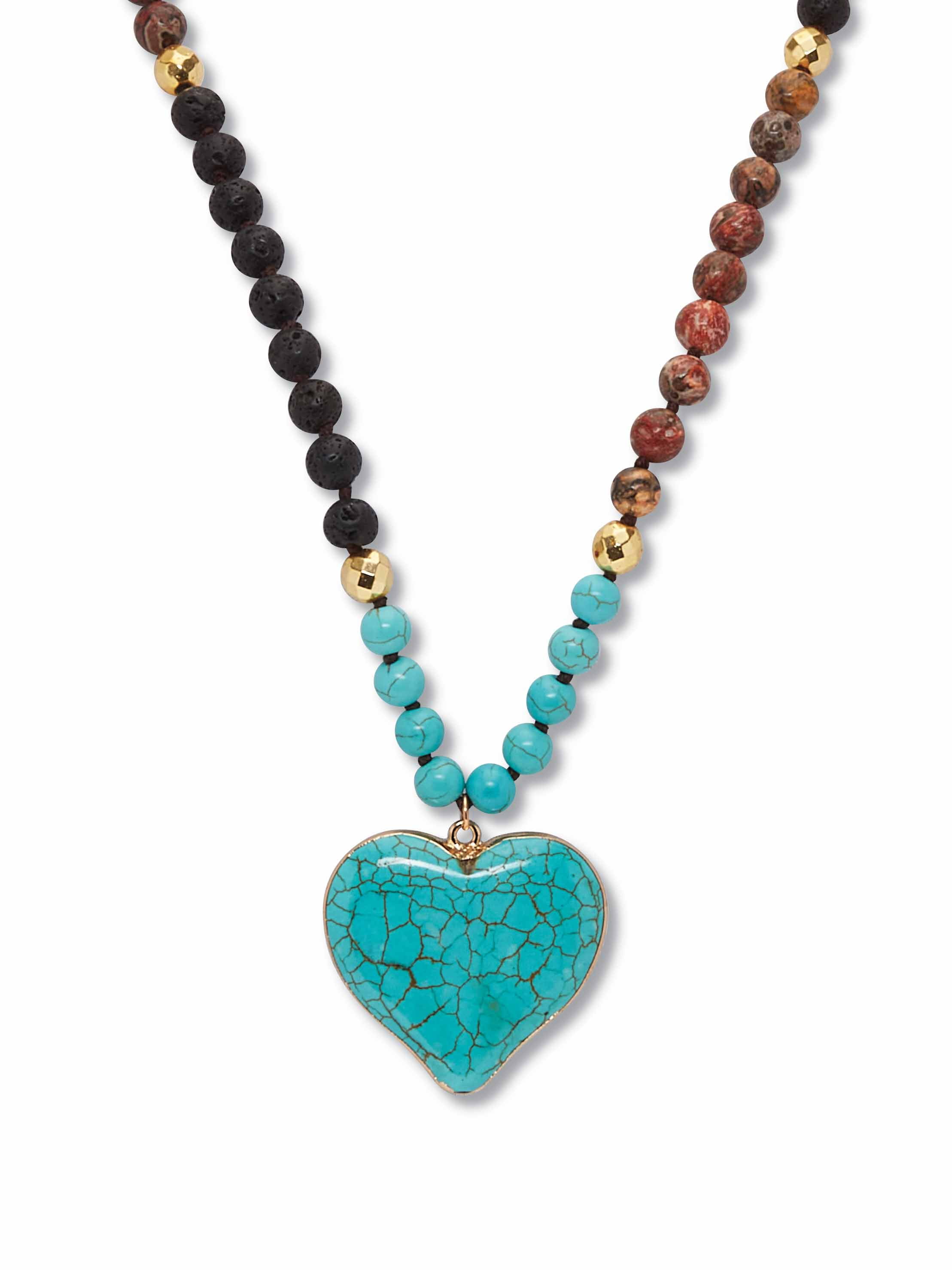 PalmBeach Jewelry Genuine Turquoise Jasper and Lava Stone Beaded Heart Pendant Necklace 34 Inch