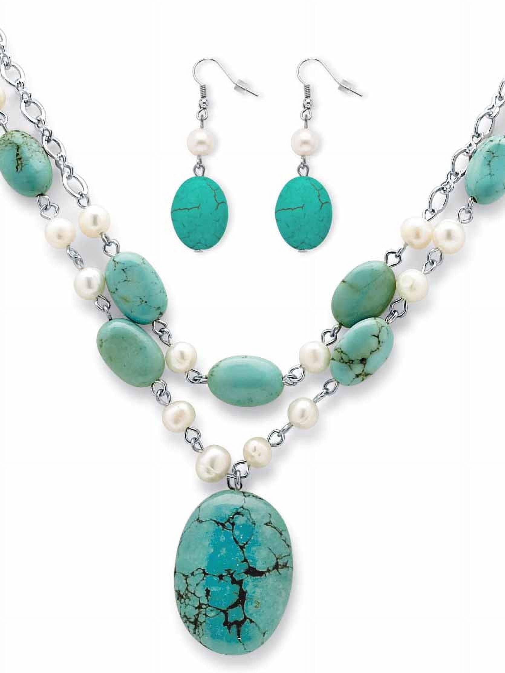 PalmBeach Jewelry Genuine Turquoise and Cultured Freshwater Pearl Silvertone Necklace and Earrings Set 17"