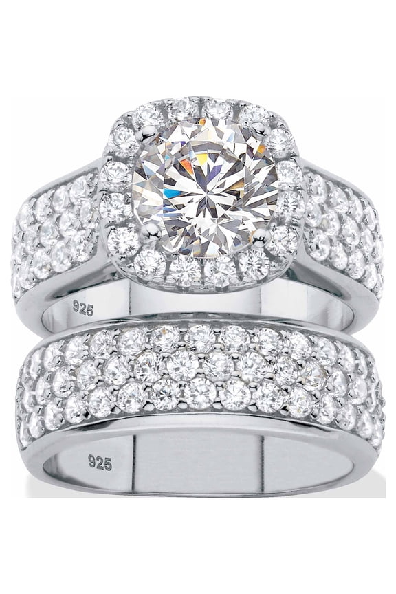 Halo Round White Cubic Zirconia Engagement & Wedding Ring Set 4.43 ct. t.w