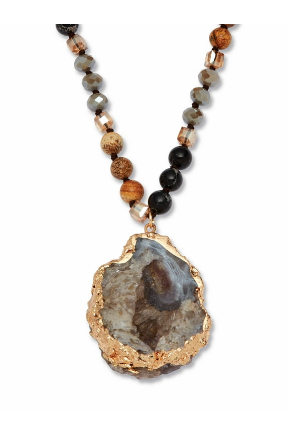 Hammered Genuine Brown Agate and Round Multi-color Jasper Goldtone Drop Necklace, 32 inches