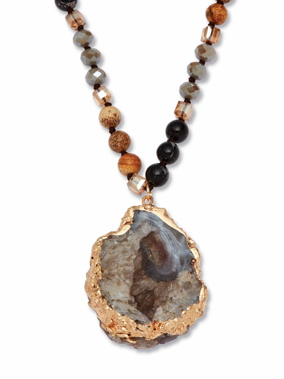Hammered Genuine Brown Agate and Round Multi-color Jasper Goldtone Drop Necklace, 32 inches