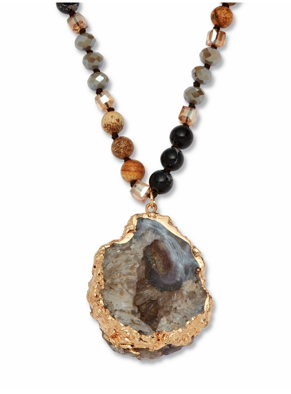 PalmBeach Jewelry Hammered Genuine Brown Agate and Round Multi-color Jasper Goldtone Drop Necklace, 32 inches
