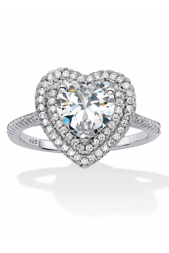 Heart Shaped Cubic Zirconia Halo Engagement Ring 1.48 TCW in Platinum-plated Sterling Silver