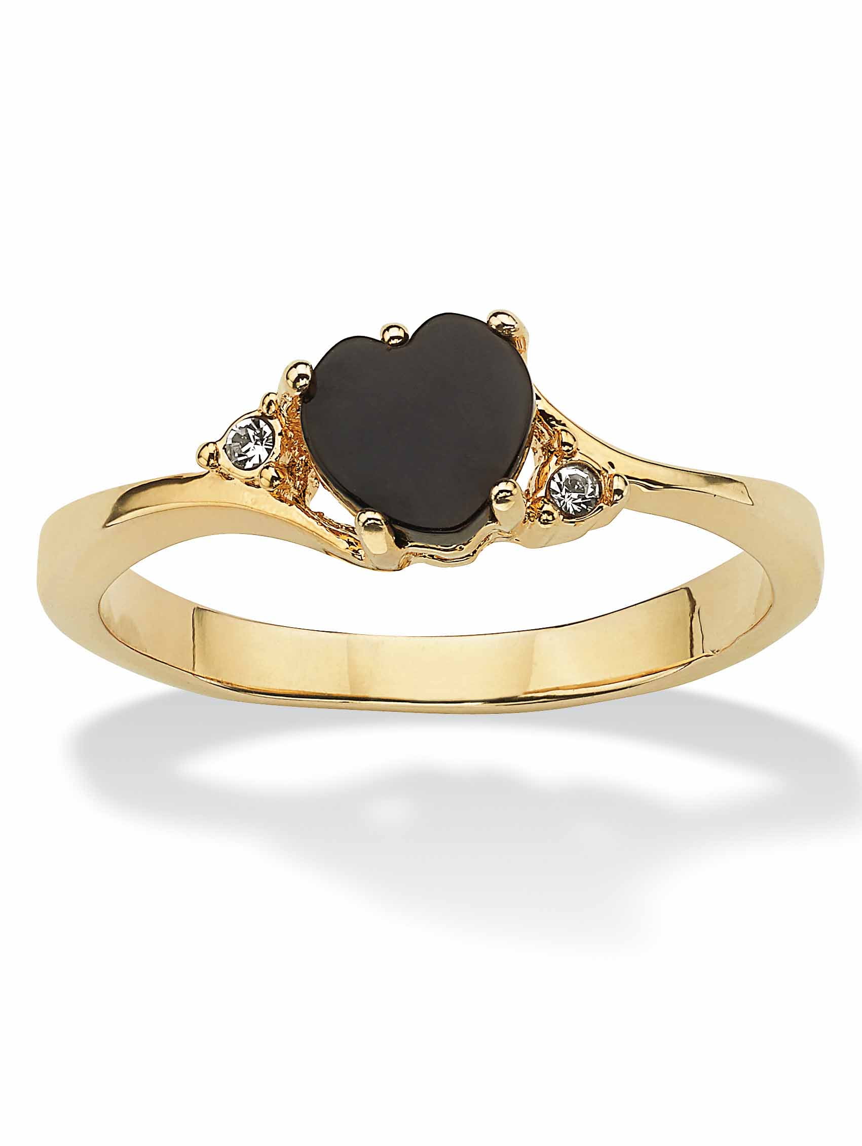 PalmBeach Jewelry Heart-Shaped Genuine Onyx and Crystal Accent Yellow Gold-Plated Ring