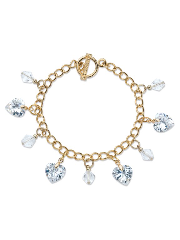 Heart-Shaped and Round Crystal Charm Toggle Bracelet in Goldtone 7.5"