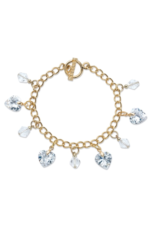 Heart-Shaped and Round Crystal Charm Toggle Bracelet in Goldtone 7.5"