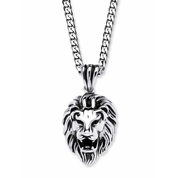 PalmBeach Jewelry Lion's Head Pendant and Chain in Antiqued Stainless Steel 24"