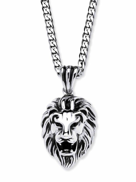 Lion's Head Pendant and Chain in Antiqued Stainless Steel 24"