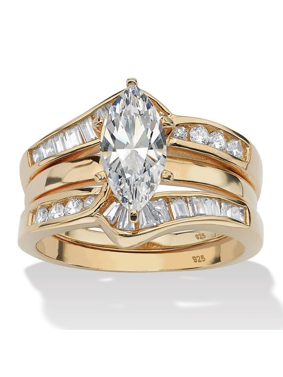 3.57 TCW Marquise-Cut CZ Gold-Plated .925 Silver 2 Piece Jacket Bridal Ring Set