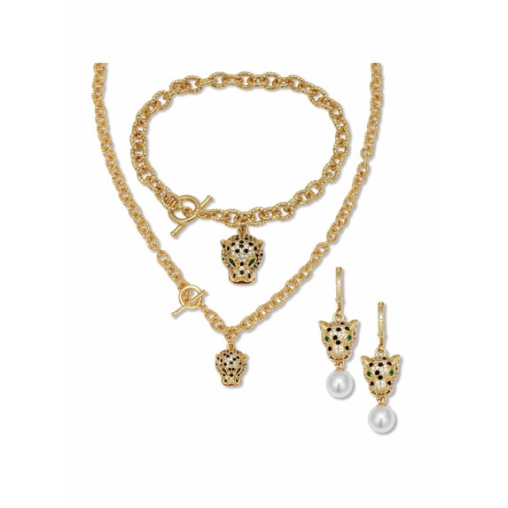 PalmBeach Jewelry Marquise Cut Green Crystal Goldtone Link Necklace 3-Piece Set, 19 inches