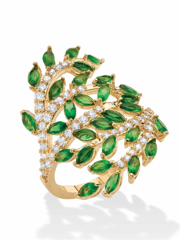 Marquise-Cut Simulated Green Emerald and CZ Wraparound Bypass Cocktail Ring 3.25 TCW Gold-Plated