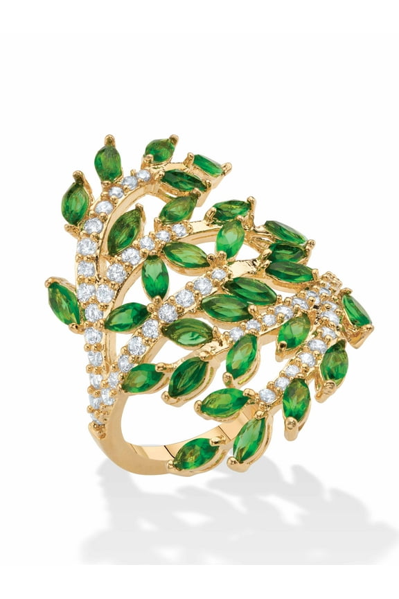 Marquise-Cut Simulated Green Emerald and CZ Wraparound Bypass Cocktail Ring 3.25 TCW Gold-Plated