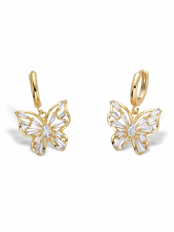 Marquise-Cut and Baguette-Cut Crystal Butterfly Huggie-Hoop Charm Earrings in Goldtone 1"