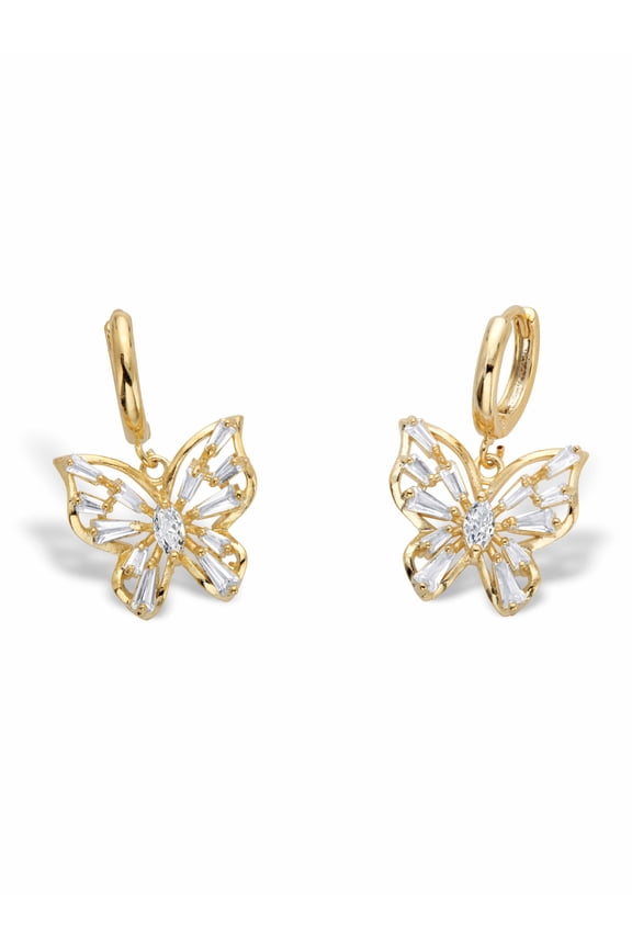 Marquise-Cut and Baguette-Cut Crystal Butterfly Huggie-Hoop Charm Earrings in Goldtone 1"