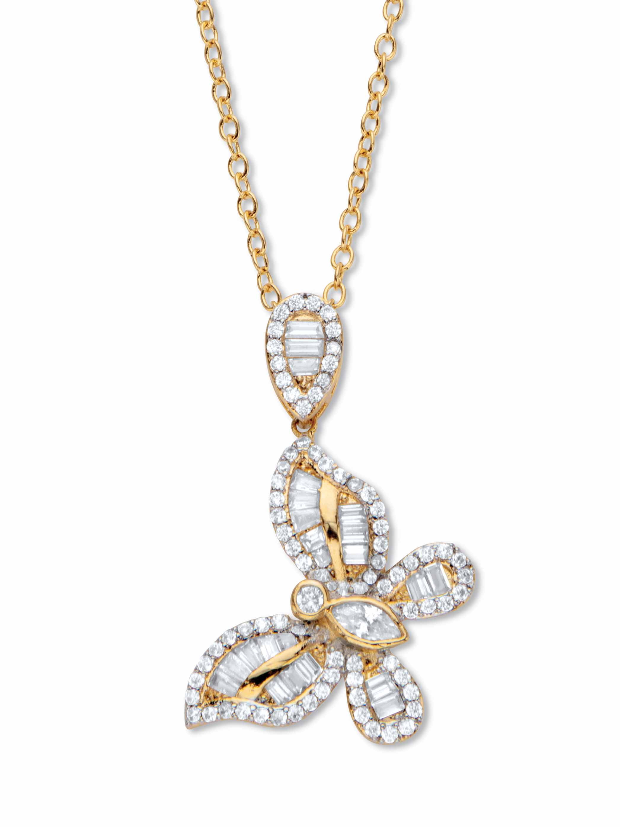 PalmBeach Jewelry Marquise-Cut and Round Cubic Zirconia  Butterfly Pendant Necklace 18"-20", 2.01 TCW Gold-Plated