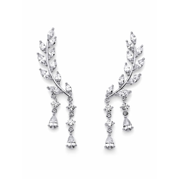 PalmBeach Jewelry Marquise and Pear-Cut White Crystal Laurel Leaf and Hanging Crystal Accent Ear Climber Earrings Rose or Yellow Gold-Plated or Silvertone