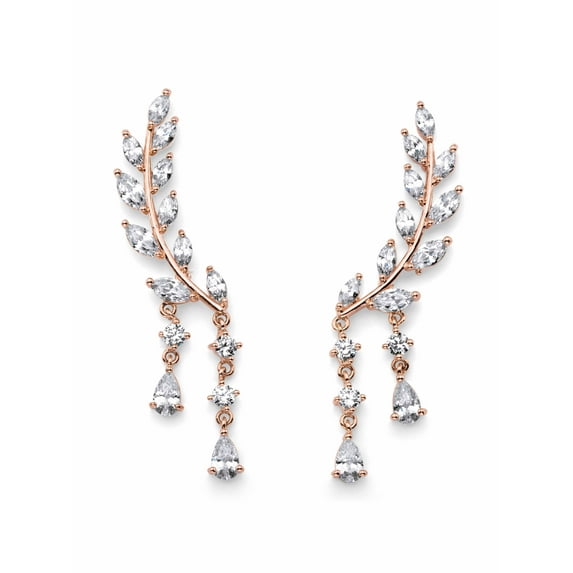 PalmBeach Jewelry Marquise and Pear-Cut White Crystal Laurel Leaf and Hanging Crystal Accent Ear Climber Earrings Rose or Yellow Gold-Plated or Silvertone