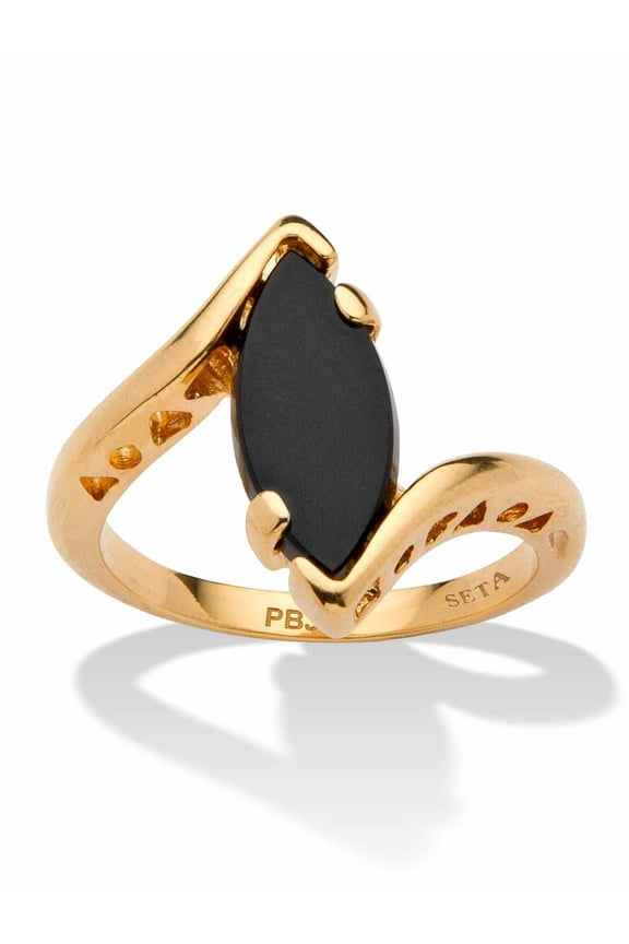 Marquise Shaped Genuine Onyx 18k Yellow Gold Plated or Sterling Silver Bypass Ring