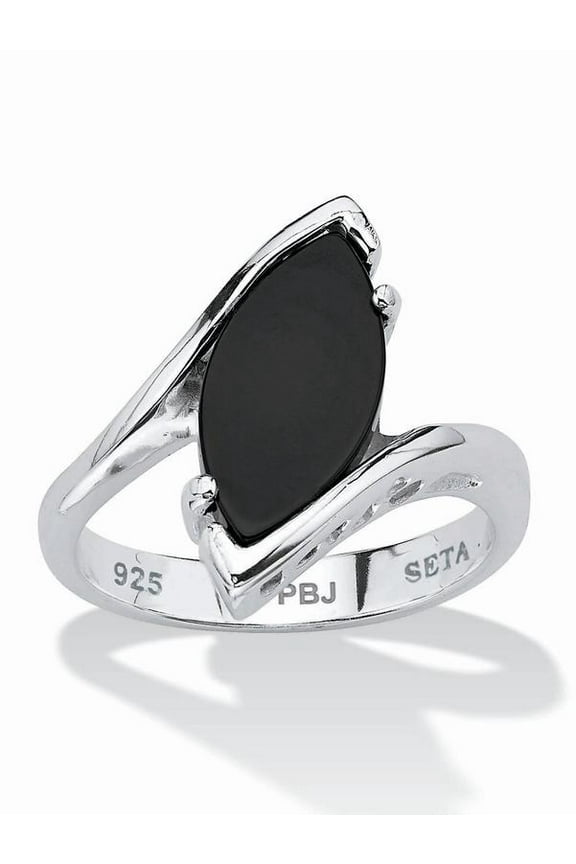 Marquise Shaped Genuine Onyx 18k Yellow Gold Plated or Sterling Silver Bypass Ring