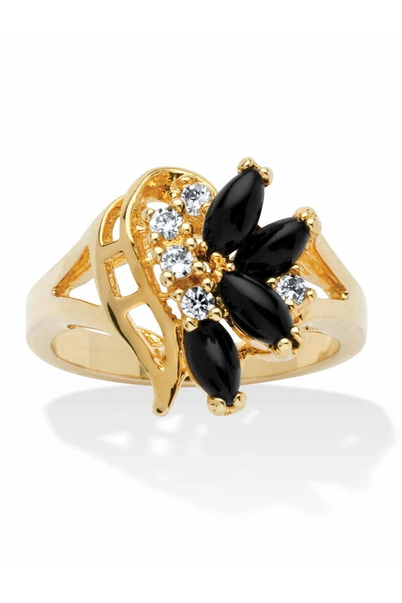 Marquise-Shaped Onyx and Crystal Swirl Ring in Gold-Plated