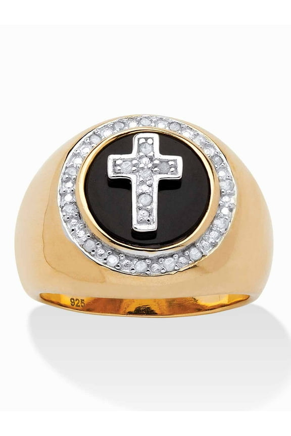 Men's 1/10 TCW Diamond and Bezel-Set Onyx Halo Cross Ring in 14 Gold-plated Sterling Silver