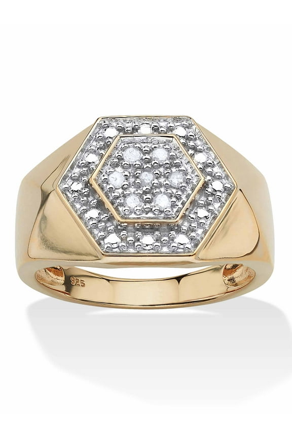 Men's 1/10 TCW Round Diamond Hexagon Ring in 18k Gold-plated Sterling Silver