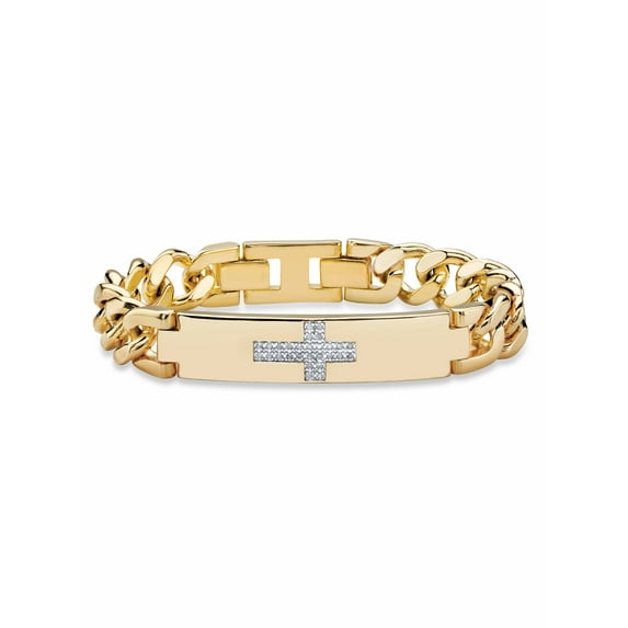 PalmBeach Jewelry Men's 1/7 TCW White Diamond Horizontal Cross Curb-Link Bracelet Yellow Gold-Plated 9"