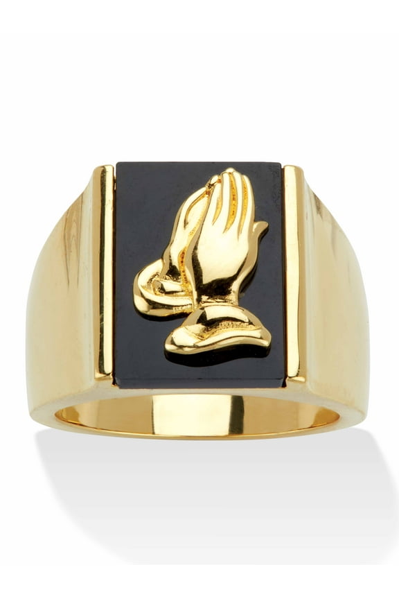 Men's 14k Yellow Gold-Plated Black Onyx Praying Hands Ring