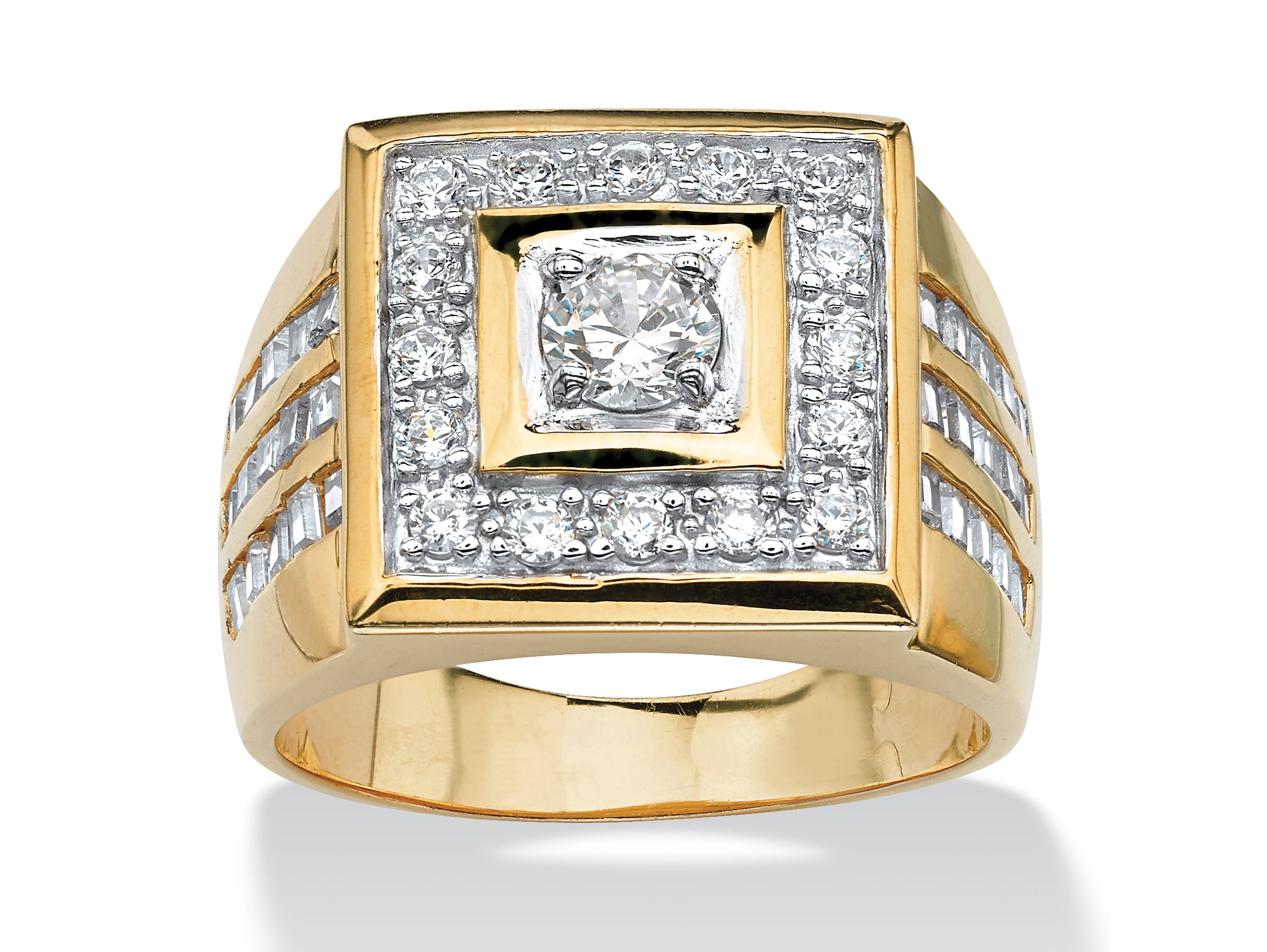 Mens 9ct Gold CZ Square Ring With CZ Rubover Centre Stone