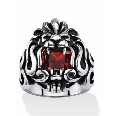 PalmBeach Jewelry Men's 2.65 TCW Square-Cut White or Garnet Red Cubic Zirconia Tribal Lion Ring in Antiqued Yellow Gold Ion-Plated or Stainless Steel