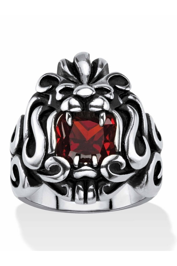 Men's 2.65 TCW Square-Cut White or Garnet Red Cubic Zirconia Tribal Lion Ring in Antiqued Yellow Gold Ion-Plated or Stainless Steel