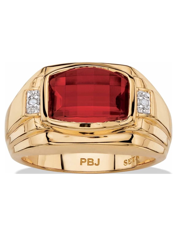 Men's 2.77 TCW Cushion-Cut Created Red Ruby or Blue Sapphire and Diamond Accent Ring Yellow Gold-Plated