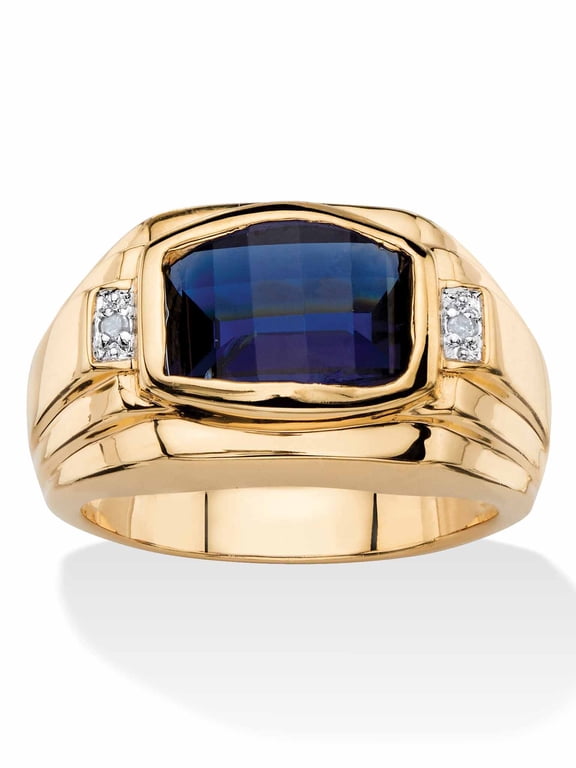 Men's 2.77 TCW Cushion-Cut Created Red Ruby or Blue Sapphire and Diamond Accent Ring Yellow Gold-Plated
