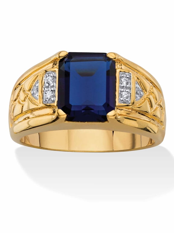 Men's 2.80 TCW Emerald-Cut Created Blue Sapphire and Diamond Accent 18k Gold-Plated Etched Ring