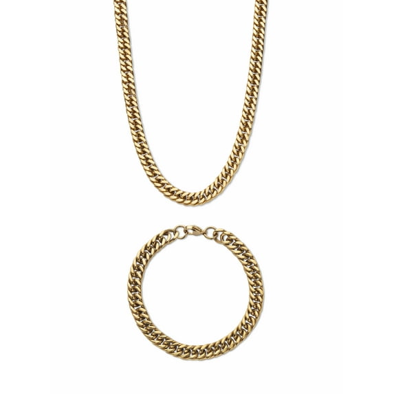 PalmBeach Jewelry Men's 2 Piece Curb-Link Gold Ion-Plated Stainless Steel 9" Bracelet and 20" 24" or 30" Length Chain Set (8mm)
