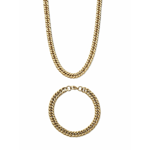 PalmBeach Jewelry Men's 2 Piece Curb-Link Gold Ion-Plated Stainless Steel 9" Bracelet and 20" 24" or 30" Length Chain Set (8mm)