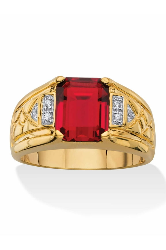 Men's 3.55 TCW Emerald-Cut Faceted Genuine Red Garnet and Diamond Accent Etched Ring 18k Gold-Plated